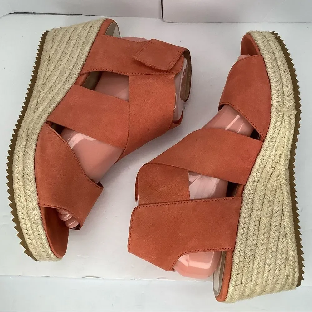 Eileen Fisher Willow Tumbled Orange Leather Wedge Espadrille Women Sandals Sz 9
